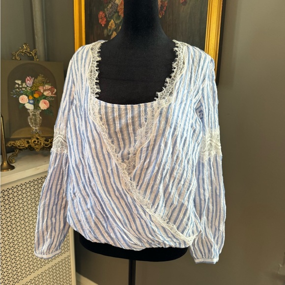 BCBG MAZAZRIA faux wrapped top in blue and white stripe - Picture 6 of 11